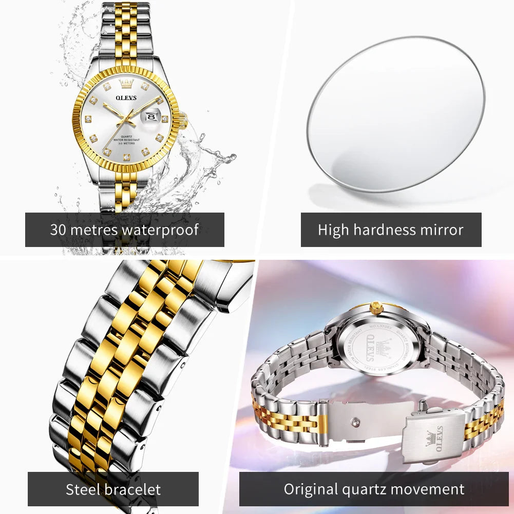 OLEVS 3705 Orologio da donna 30M Orologio al quarzo con data impermeabile per donna Orologio da donna di lusso con scala di diamanti a specchio ad alta durezza