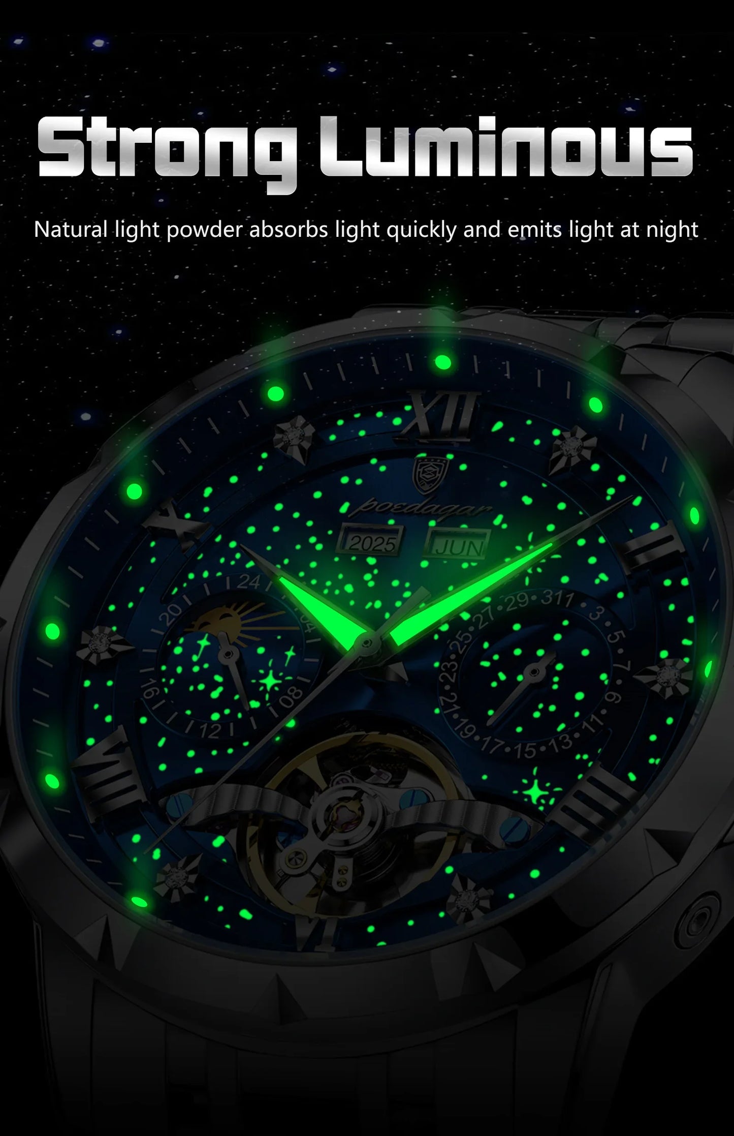 POEDAGAR Top Orologio da uomo originale Orologio meccanico automatico da uomo in acciaio inossidabile Calendario Hollow Tourbillon Orologio da uomo Maschio + scatola