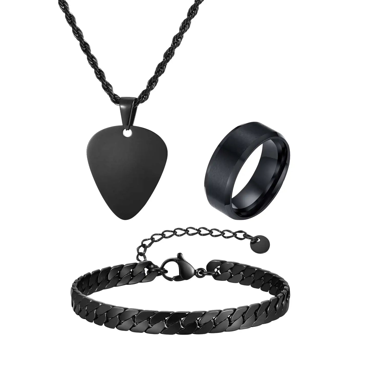 Set di 3 Pezzi: Collana con Ciondolo a Forma di Plettro per Uomo, Bracciale con Catena Cubana Piatta Stile Rock Punk, Set di Gioielli Classici da Uomo, Idea Regalo