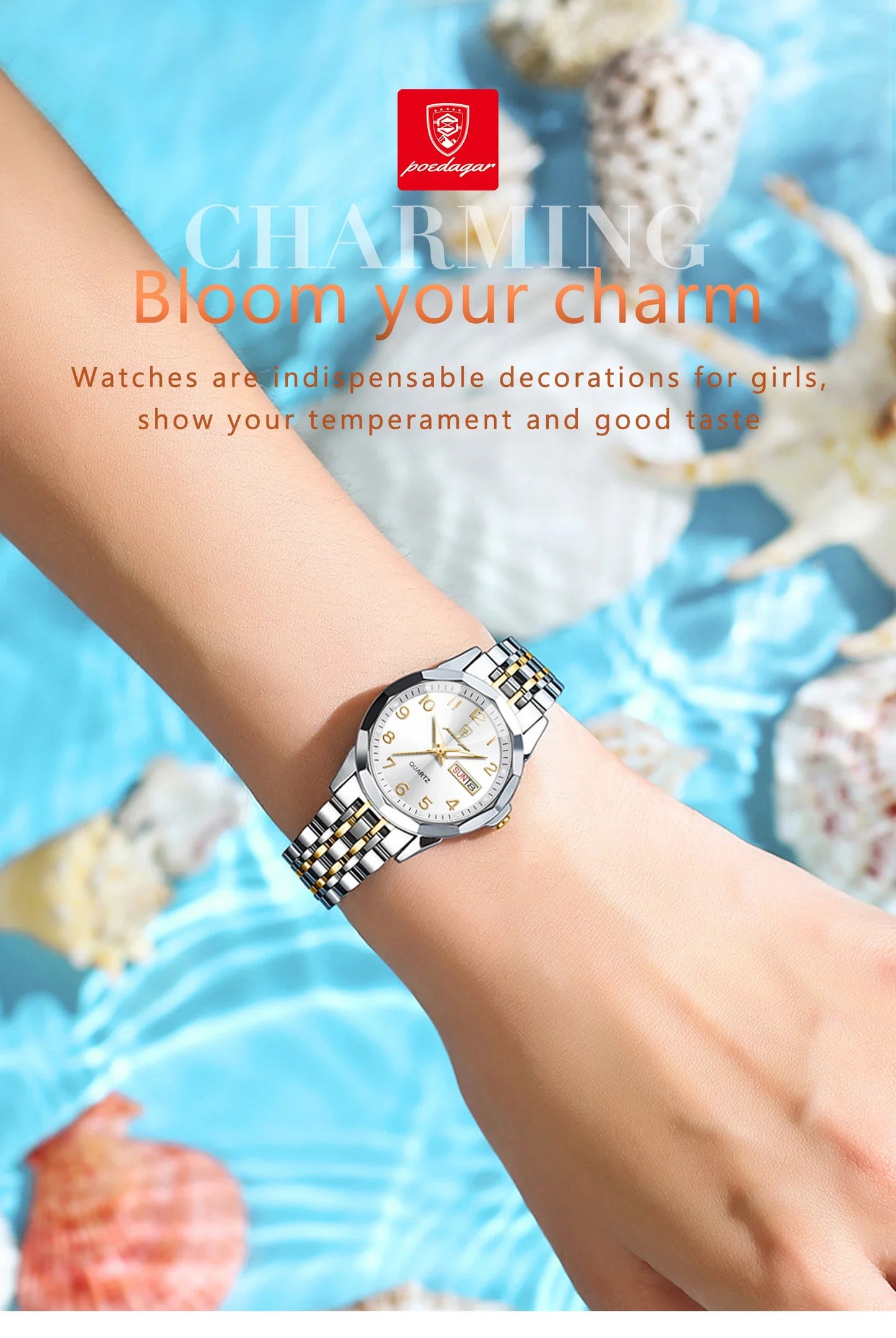 POEDAGAR elegante orologio da polso da donna al quarzo impermeabile luminoso data settimana orologio da donna orologi da donna casual in acciaio inossidabile reloj