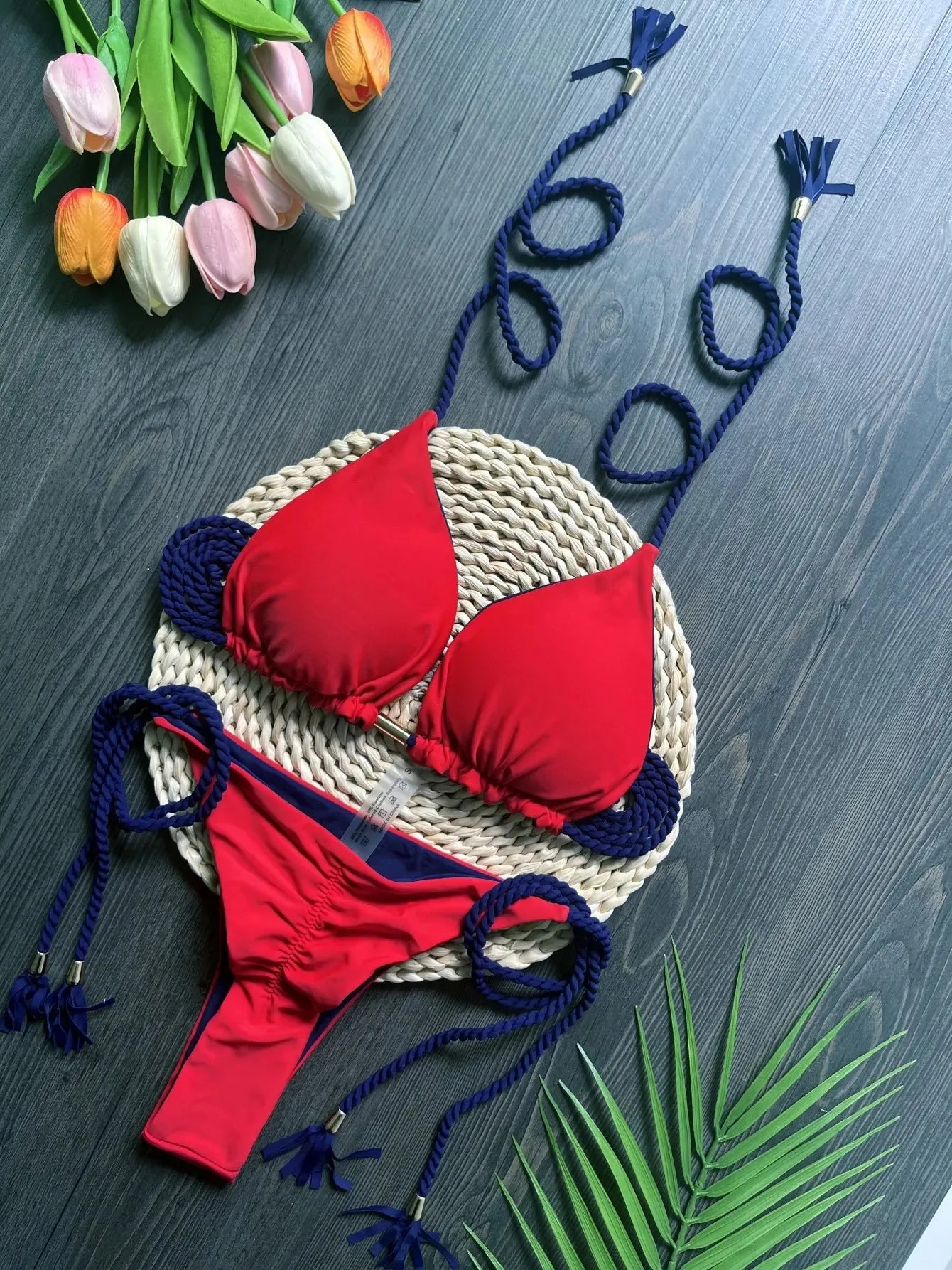 Costume da bagno sexy da donna in tinta unita, due pezzi, triangolare, con corda intrecciata, set bikini, costume da bagno da spiaggia, Biquinis brasiliani