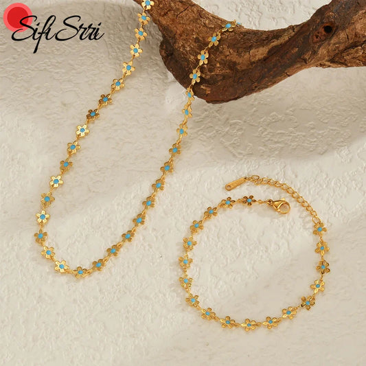 Sifisrri Set di gioielli con bracciale a catena con fiore blu olio vintage per donna, ragazza, regalo di San Valentino alla moda in acciaio inossidabile