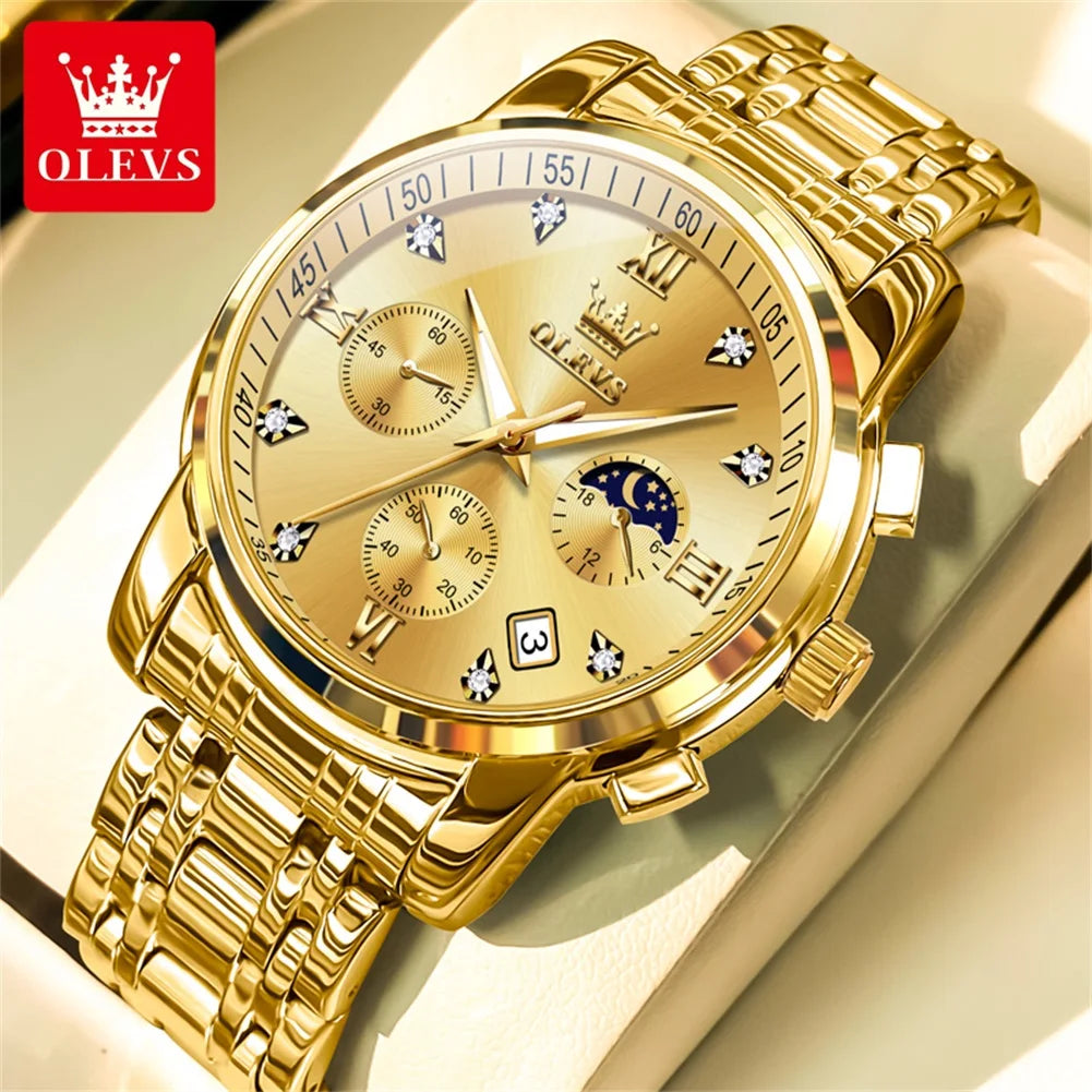 OLEVS 2858 Orologio da Uomo in Acciaio Inossidabile, Impermeabile, Antigraffio, con Fasi Lunari, Luminoso, Cronografo, Orologio da Polso al Quarzo di Lusso