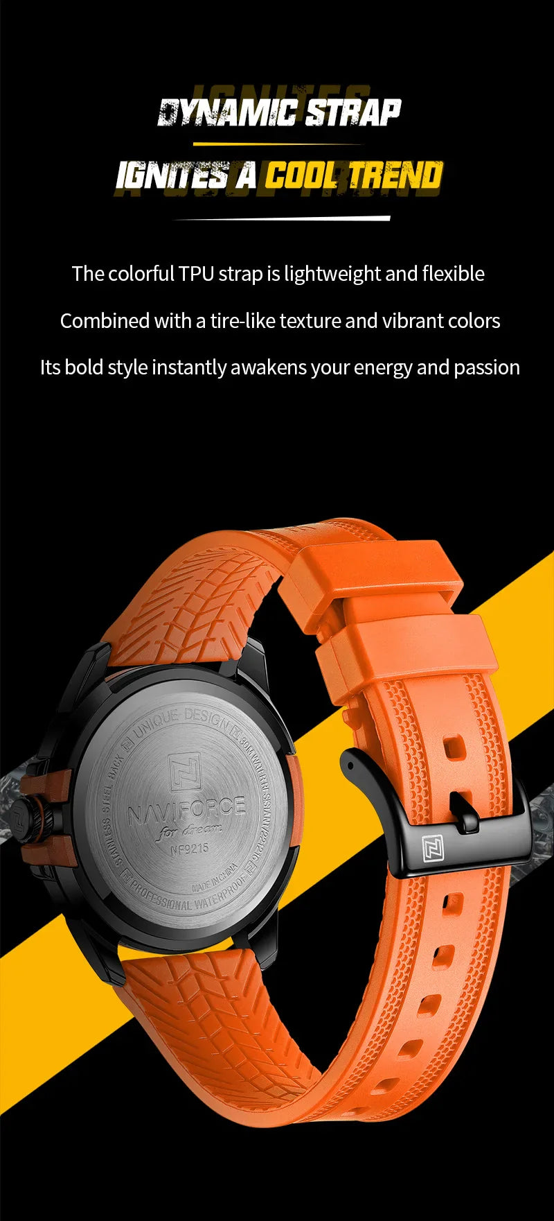 NAVIFORCE Creativo cinturino in TPU orologio da polso maschile moda sportiva 3ATM quarzo impermeabile giorno e data display orologi da uomo Reloj Hombre