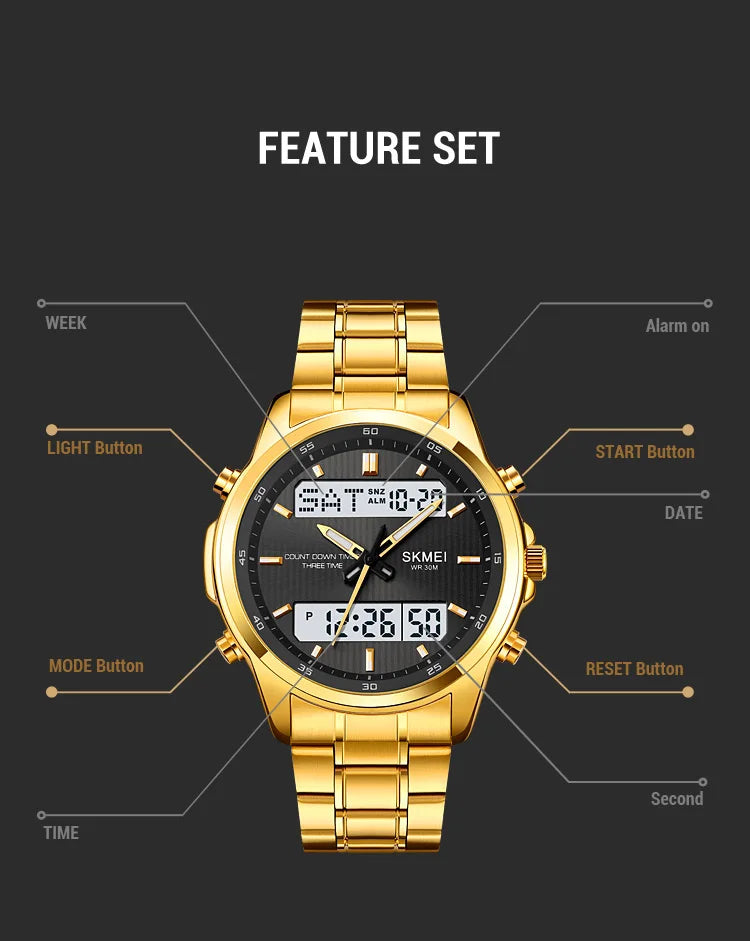 Skmei orologio da polso analogico al quarzo da uomo cinturino in acciaio inossidabile di lusso Led impermeabile digitale sportivo sveglia a tre fusi orari