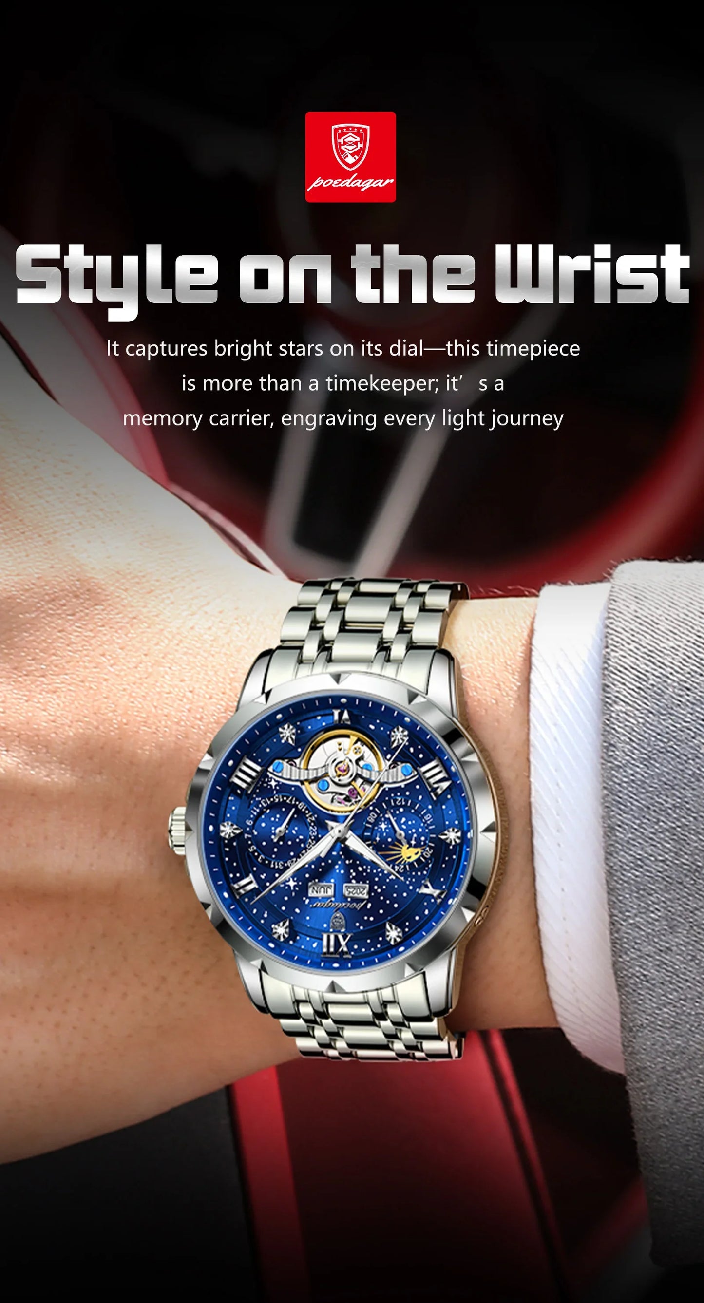 POEDAGAR Top Orologio da uomo originale Orologio meccanico automatico da uomo in acciaio inossidabile Calendario Hollow Tourbillon Orologio da uomo Maschio + scatola