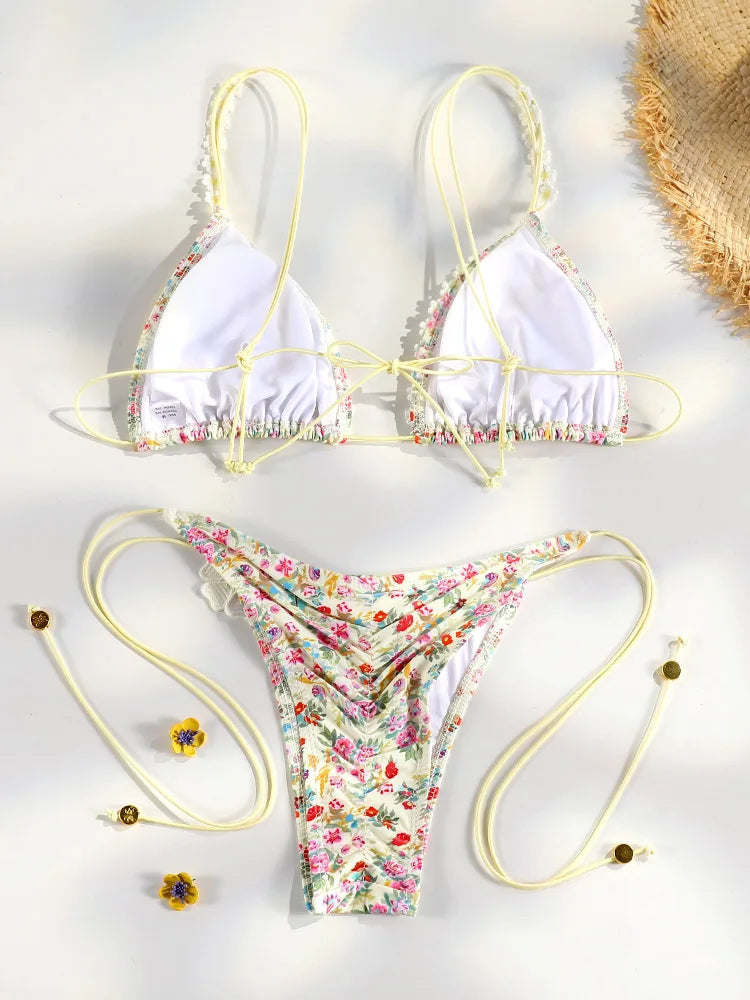 Set Bikini Triangolo Sexy Micro Thong, Costume da Bagno Donna, Biquini con Lacci, Abbigliamento da Spiaggia Stampato, Bikini Thong
