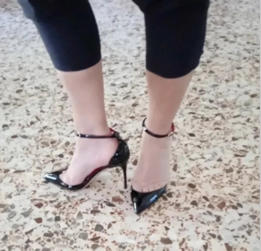 Black Patent Leather Women Ankle Strap Stiletto Pumps Pointed Toe Sexy High Heel Shoes 8cm 10cm 12cm Customize 33-46
