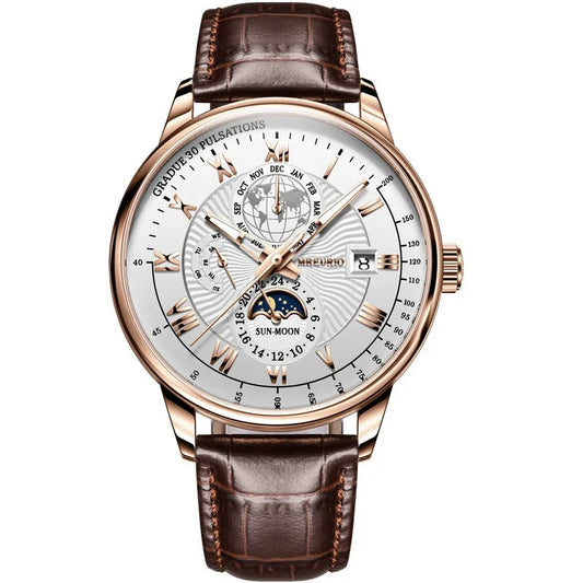 Orologio da uomo di lusso cronografo impermeabile modello fasi lunari orologio da polso da uomo luminoso in pelle orologi al quarzo da uomo orologio Casual