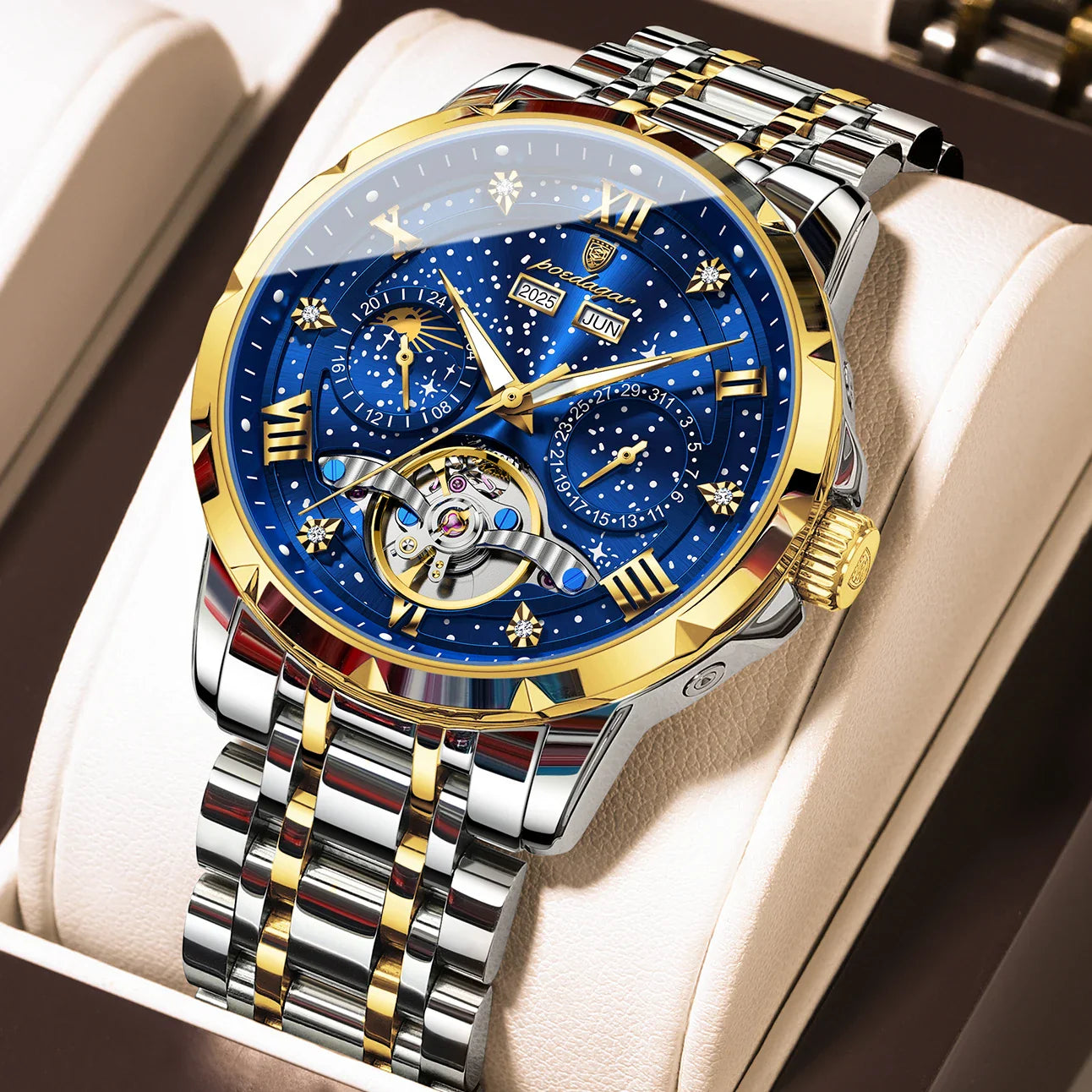 POEDAGAR Top Orologio da uomo originale Orologio meccanico automatico da uomo in acciaio inossidabile Calendario Hollow Tourbillon Orologio da uomo Maschio + scatola