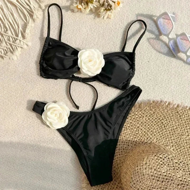Costume da Bagno Sexy con Fiori e Fascia, Bikini a Perizoma 2025, Costumi da Bagno Donna con Lacci, Set Bikini Brasiliano, Biquini Mujer