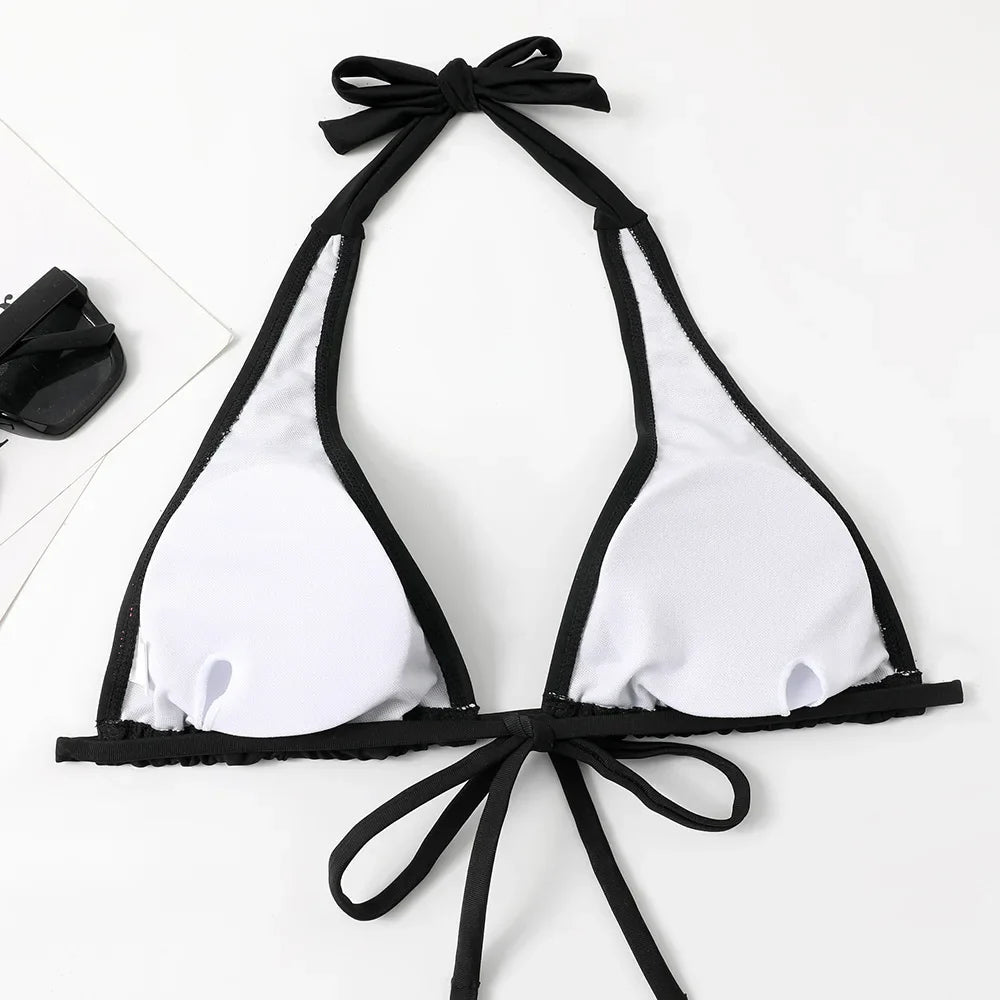 Costume da bagno bikini sexy con laccetti al collo a vita bassa nero/rosso/rosa, due pezzi, stile brasiliano, in saldo