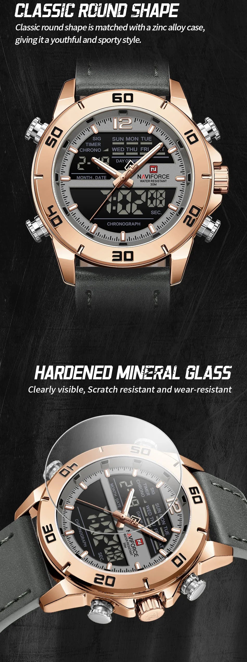 NAVIFORCE Orologio alla moda da uomo con cinturino in vera pelle Movimento al quarzo resistente all'acqua 30M Display luminoso con giorno e data F