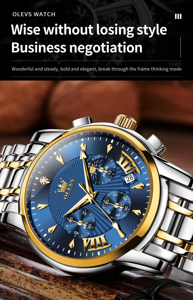 OLEVS Orologi al quarzo da uomo Orologi di marca in acciaio inossidabile Orologio sportivo impermeabile per uomo Cronografo con fasi lunari
