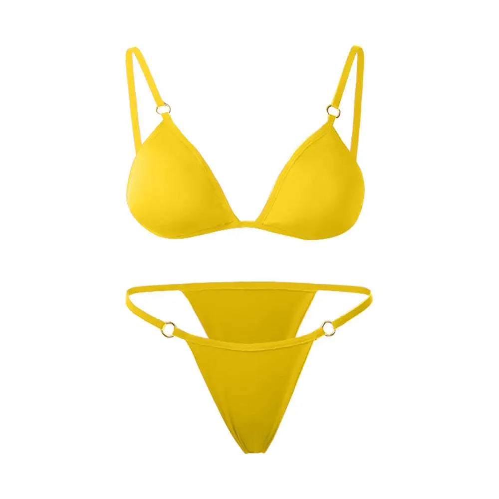 Costume da bagno bikini sexy da donna in tinta unita con fibbia in metallo decorato con costumi da bagno brasiliani per vacanze al mare