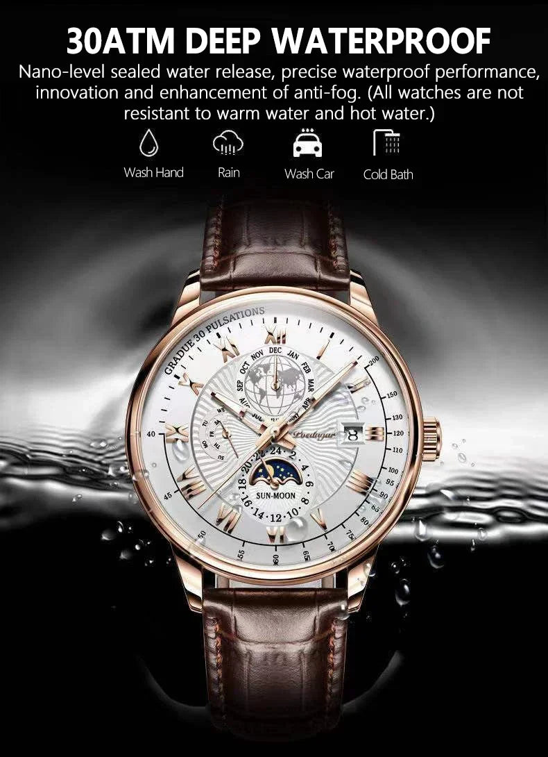 Orologio da uomo di lusso cronografo impermeabile modello fasi lunari orologio da polso da uomo luminoso in pelle orologi al quarzo da uomo orologio Casual