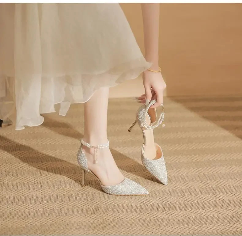 Size 31-43 Women High Heels Stiletto Heel Summer Lace Mesh Sweet Gold Silver Wedding Shoes