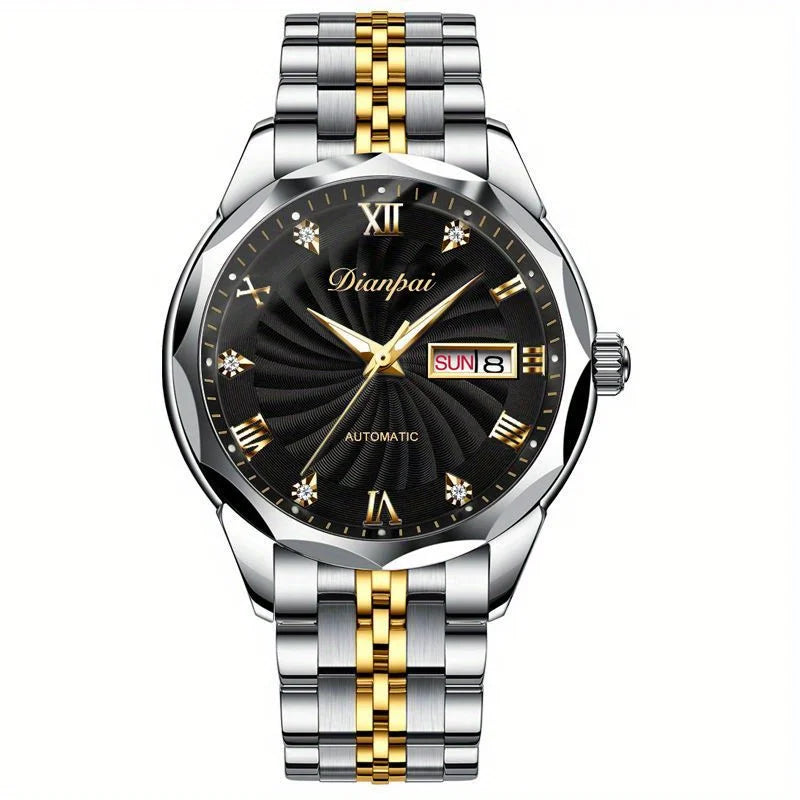 Dianpai Orologio meccanico automatico con cinturino luminoso in acciaio inossidabile, orologio nazionale da uomo alla moda.