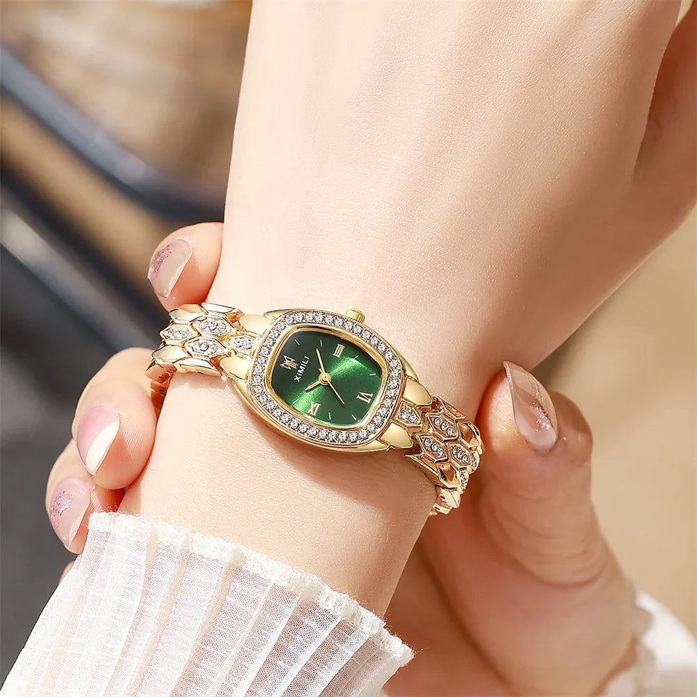 Orologio al quarzo moda donna placcato oro di lusso Semplice cinturino con fibbia di qualità per orologio da lavoro in acciaio inossidabile a forma di botte di Roma
