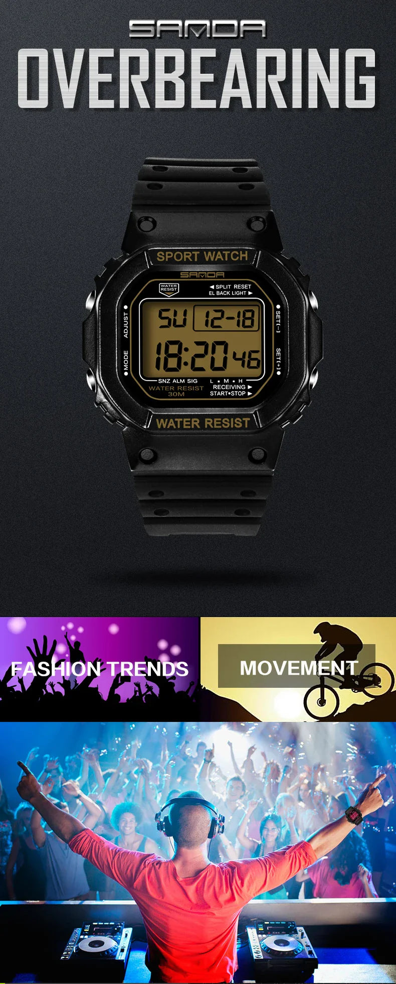 SANDA G Style LED Orologio digitale Unisex Antiurto Impermeabile Orologi sportivi Ragazzo Ragazza Cronometro Orologio elettronico a LED militare