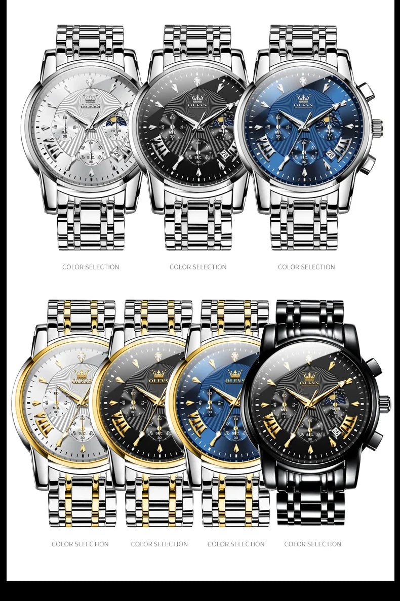 OLEVS Orologi al quarzo da uomo Orologi di marca in acciaio inossidabile Orologio sportivo impermeabile per uomo Cronografo con fasi lunari