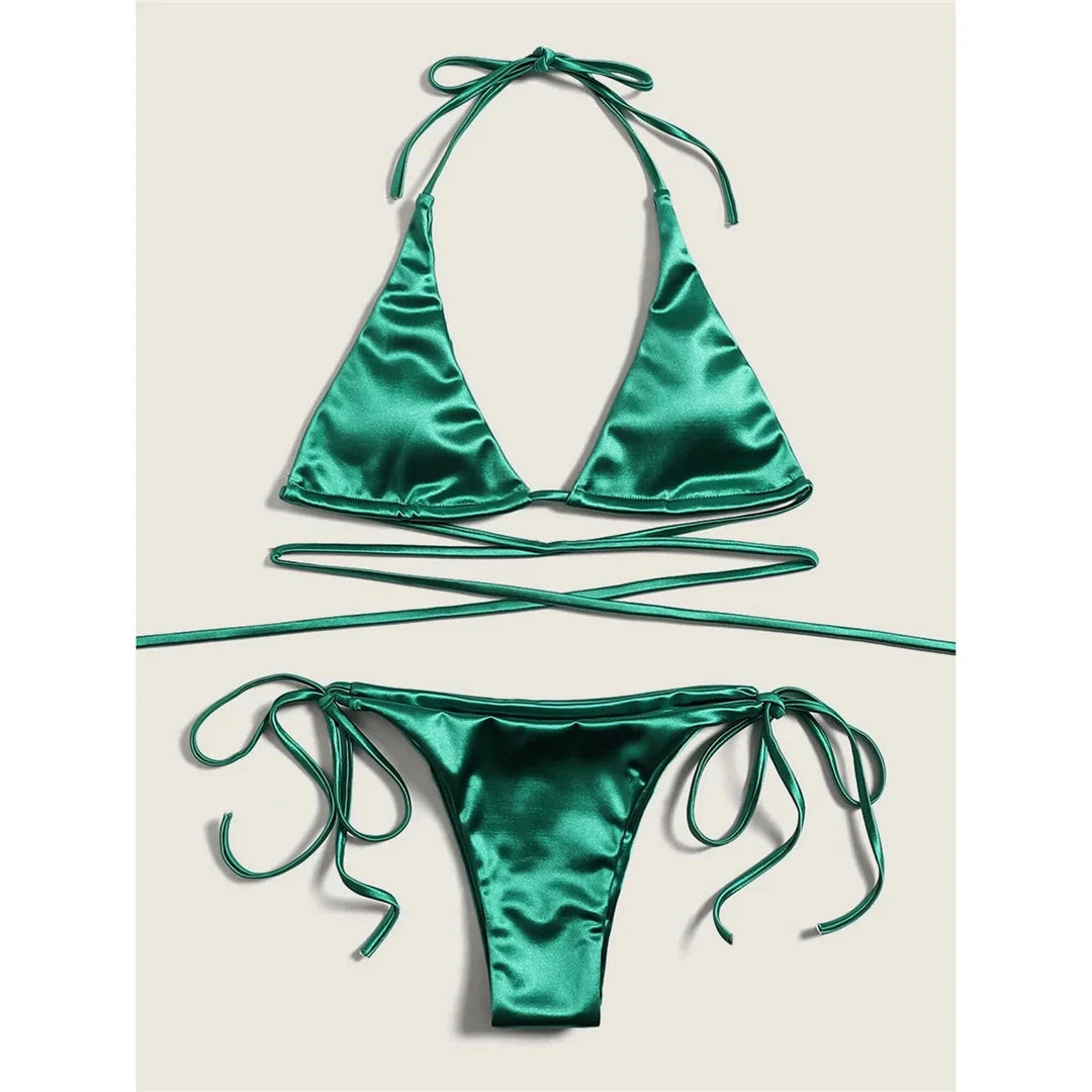 Sexy 13 colori Halter Satin Bikini brasiliano Donna Costumi da bagno Costume da bagno femminile Bikini a due pezzi Bagnante Costume da bagno Swim V4966