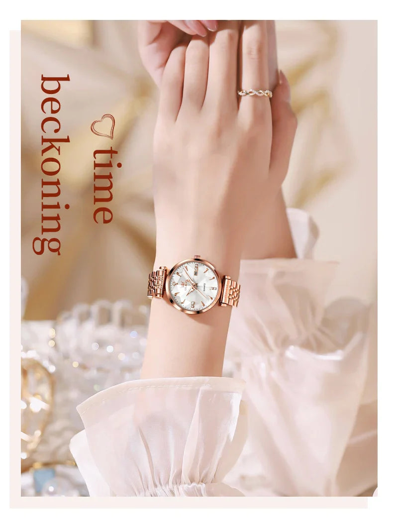 OLEVS 5536 Orologio da donna al quarzo con diamanti di marca di lusso Moda elegante orologio da donna impermeabile in oro rosa con bracciale Set Reloj Mujer