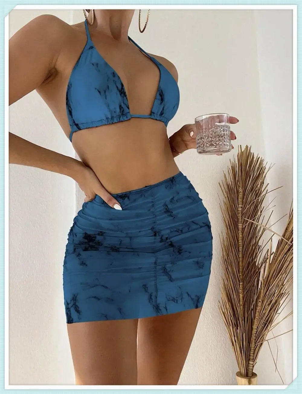 3 pezzi perizoma Bikini con gonna marmo texture costume da bagno donna costume da bagno Set costumi da bagno femminili abbigliamento da spiaggia nuoto estate