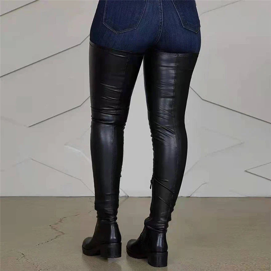 2025 Winter Over the Knee Women Boots European Platform Zipper Ladies Shoes Comfort Square High Heels Elastic Leather Long Boots