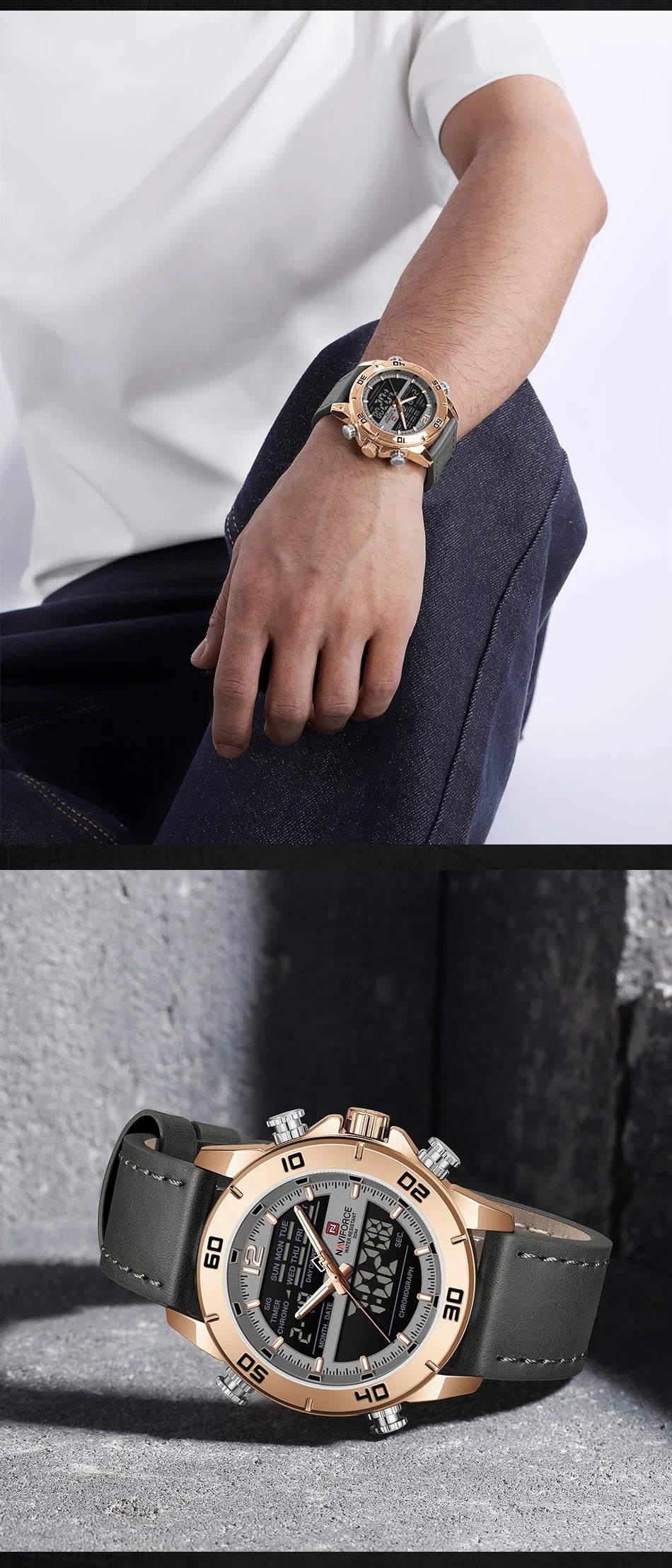 NAVIFORCE Orologio alla moda da uomo con cinturino in vera pelle Movimento al quarzo resistente all'acqua 30M Display luminoso con giorno e data F