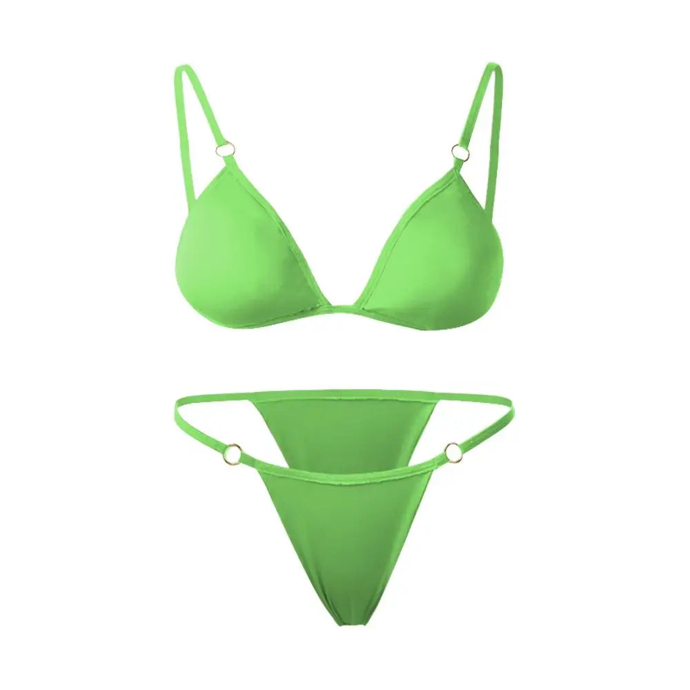 Costume da bagno bikini sexy da donna in tinta unita con fibbia in metallo decorato con costumi da bagno brasiliani per vacanze al mare