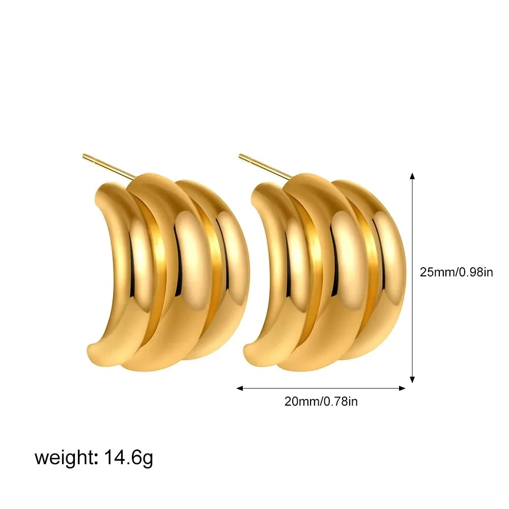 Orecchini a Perno Geometrici a Forma di C Multistrato Placcati in Oro 18K, Antiruggine, in Acciaio Inossidabile per Donne
