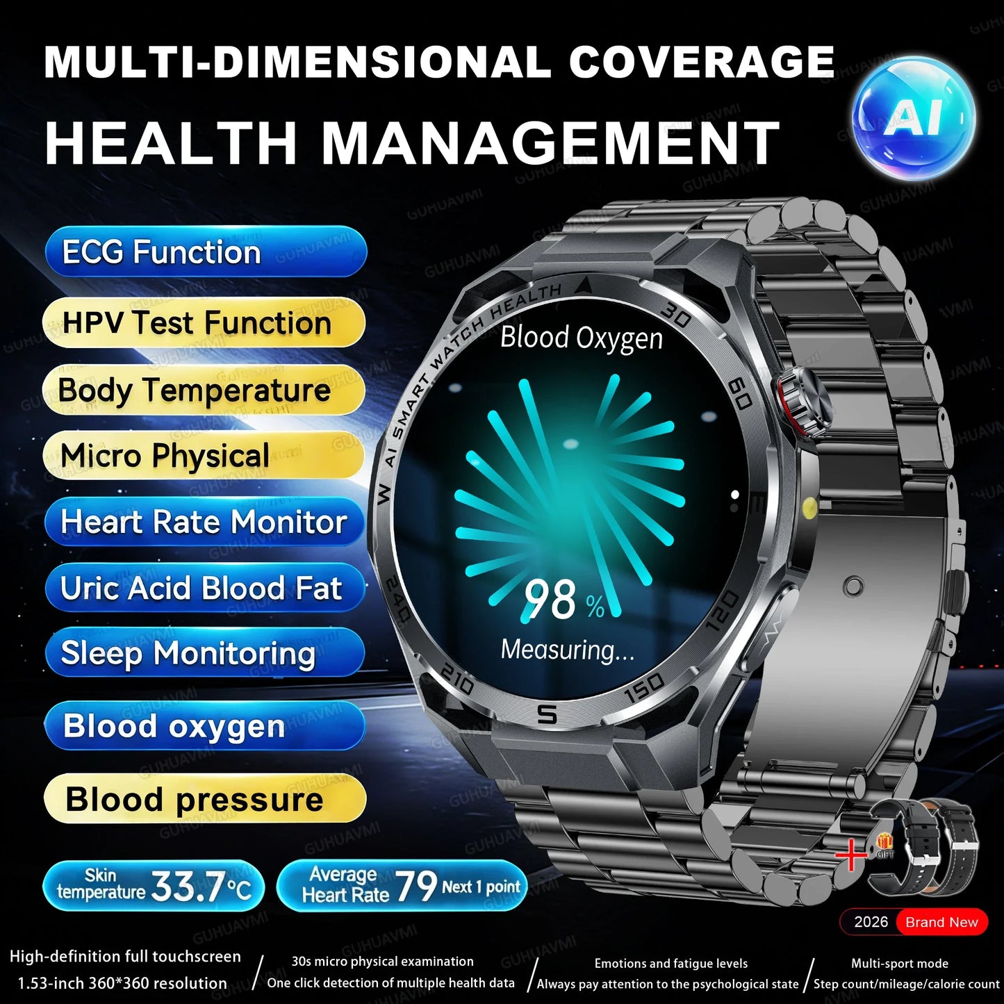 Nuovo Smartwatch 2026 con Analisi del Grasso Corporeo ECG+PPG, Acido Urico, Pressione Sanguigna, Ossigeno nel Sangue, Chiamate Bluetooth, Orologio Sportivo Intelligente per Uomini e Donne
