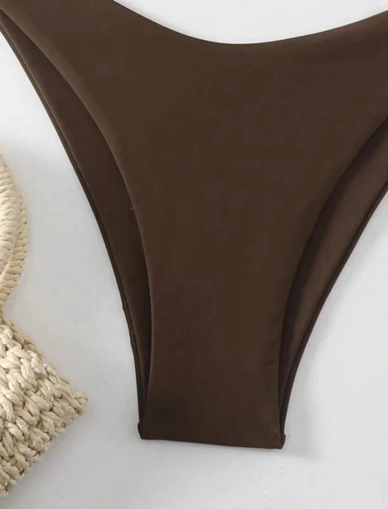 Costume da bagno bikini a perizoma da donna sexy, tinta unita bianco/nero/caffè, con laccetti, stile brasiliano, nuovo, in doppio tessuto, per la spiaggia
