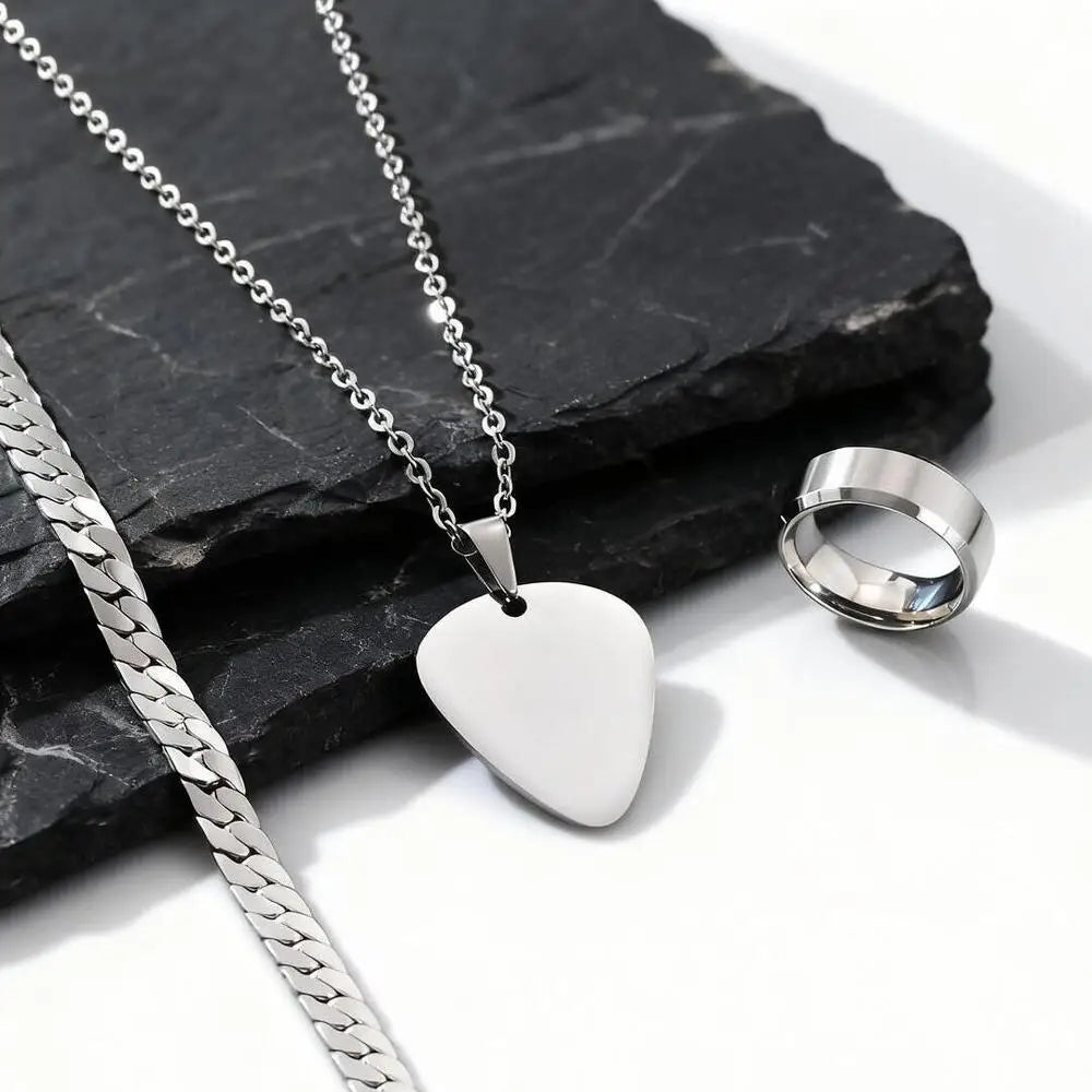 Set di 3 Pezzi: Collana con Ciondolo a Forma di Plettro per Uomo, Bracciale con Catena Cubana Piatta Stile Rock Punk, Set di Gioielli Classici da Uomo, Idea Regalo