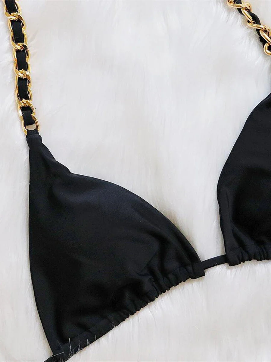Bikini Brasiliano Due Pezzi con Catene Metalliche e Micro Perizoma, Costume da Bagno Donna