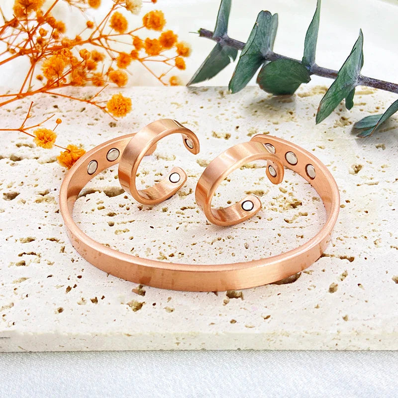 Set Bracciali e anelli in rame puro per donna Uomo Polsino semplice Braccialetti magnetici Artrite Salute Gioielli in rame massiccio
