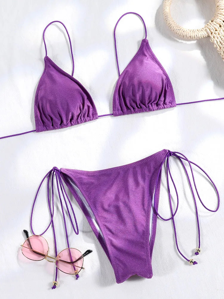 Set Bikini Triangolo Sexy Micro Thong, Costume da Bagno Donna, Biquini con Lacci, Abbigliamento da Spiaggia Stampato, Bikini Thong
