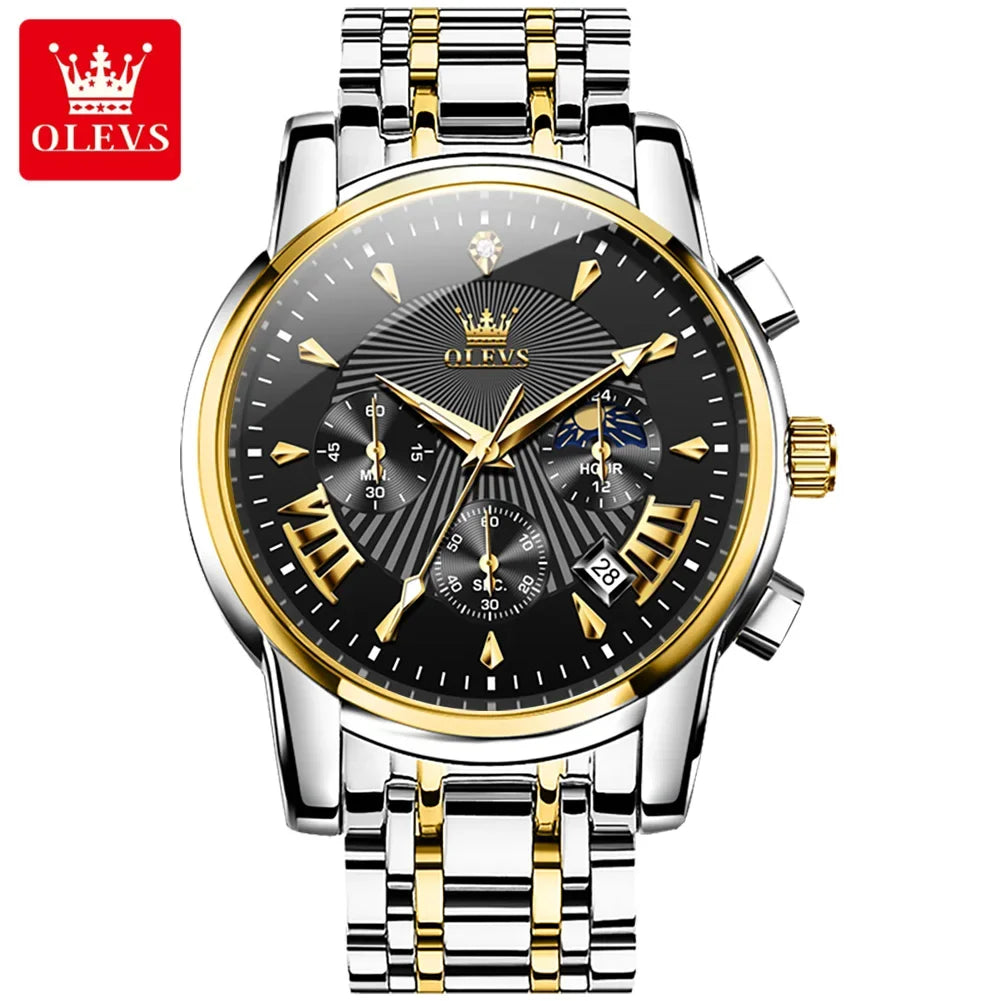OLEVS Orologi al quarzo da uomo Orologi di marca in acciaio inossidabile Orologio sportivo impermeabile per uomo Cronografo con fasi lunari