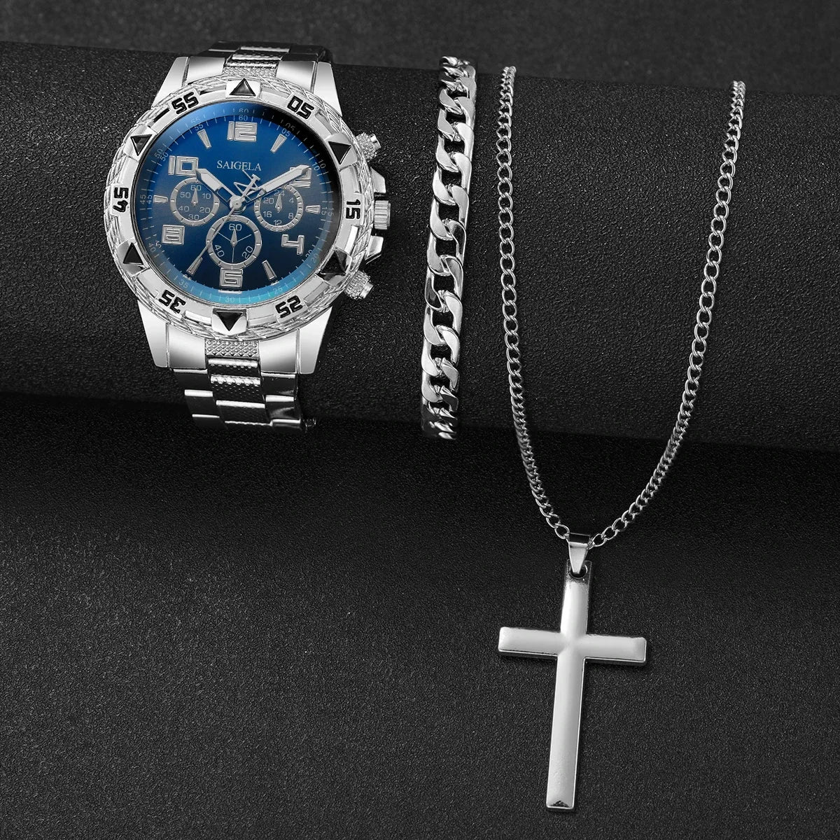 3 pz/set moda quadrante grande orologio al quarzo da uomo orologi da uomo d'affari di lusso collana braccialetto set Reloj Hombre (senza scatola)