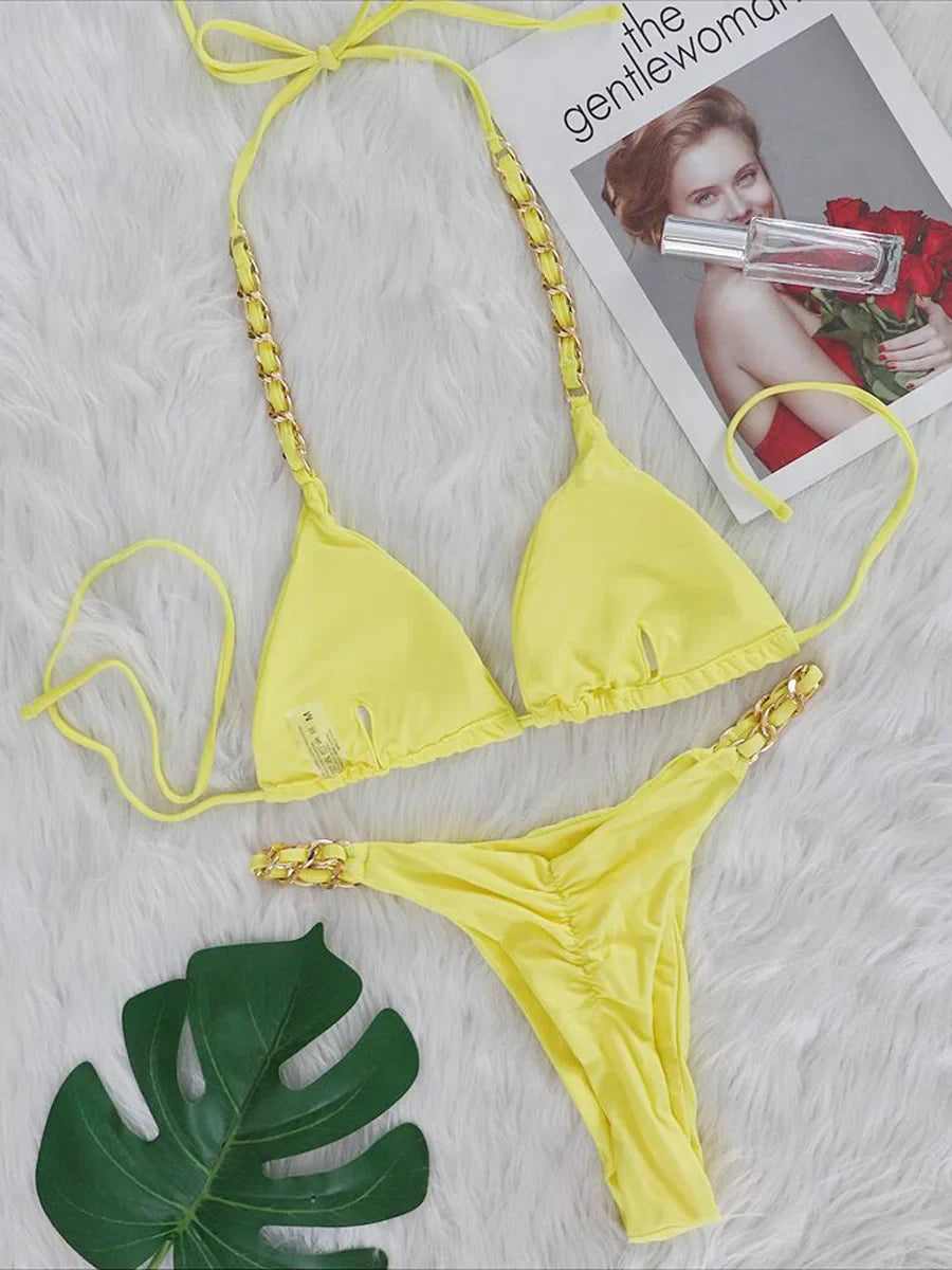 Bikini Brasiliano Due Pezzi con Catene Metalliche e Micro Perizoma, Costume da Bagno Donna
