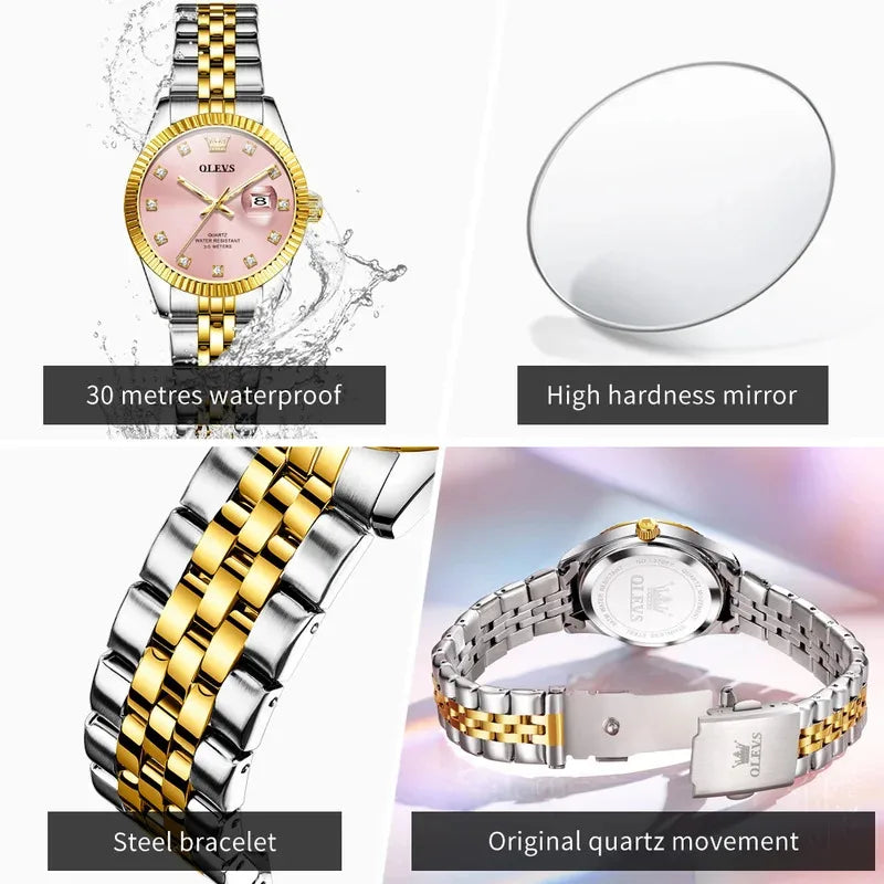 OLEVS Orologio da donna Nuovo orologio al quarzo 3705 Orologio da donna con data luminosa impermeabile in acciaio inossidabile Reloj