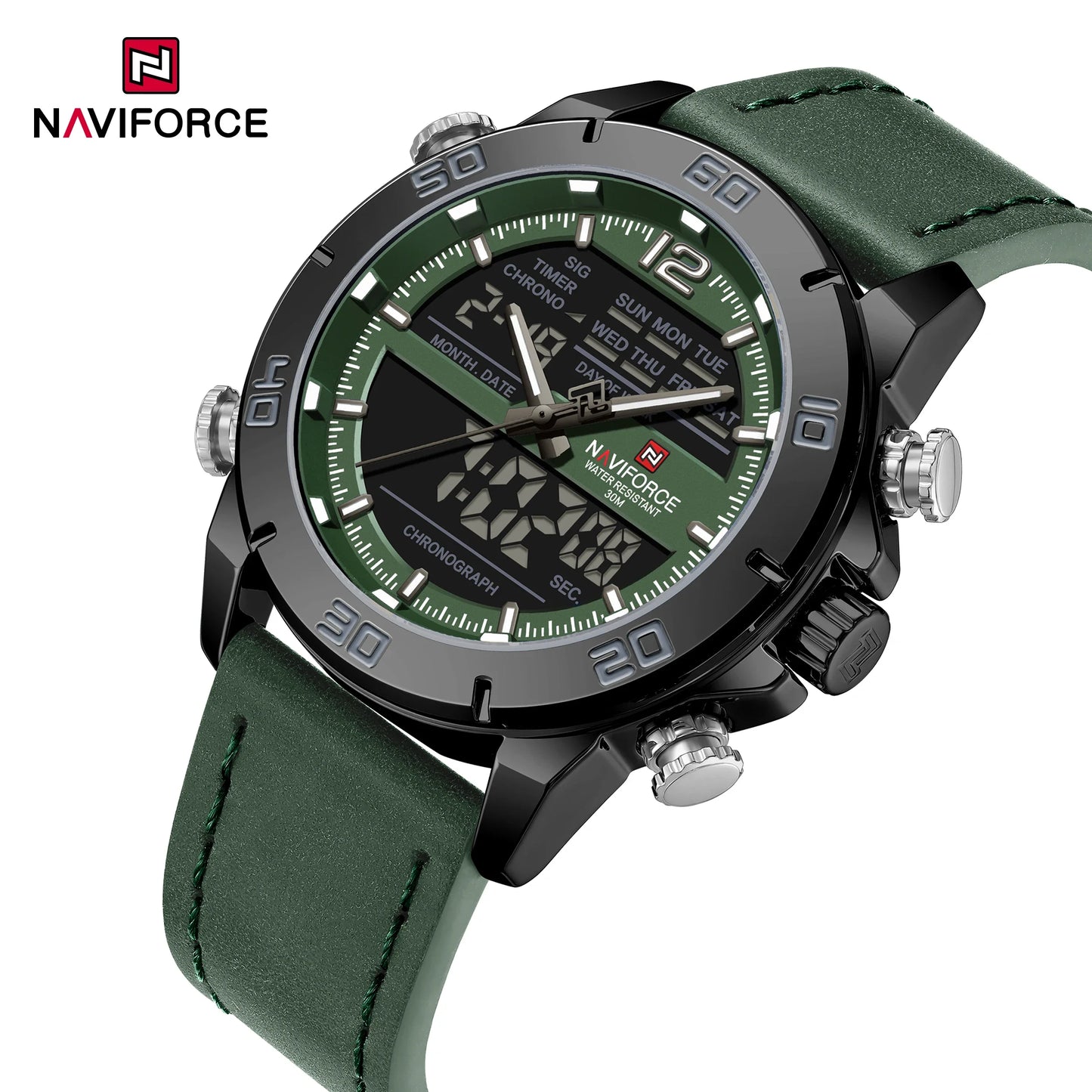 NAVIFORCE Orologio alla moda da uomo con cinturino in vera pelle Movimento al quarzo resistente all'acqua 30M Display luminoso con giorno e data F