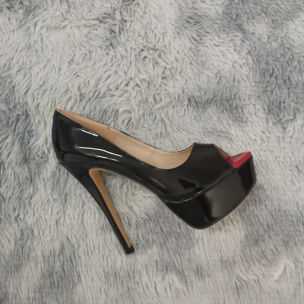 LOSLANDIFEN Women Pumps Sexy Peep Toe Platform 14cm Super High Heels Patent Leather Shoes Red Wedding Stilettos Large Size 44