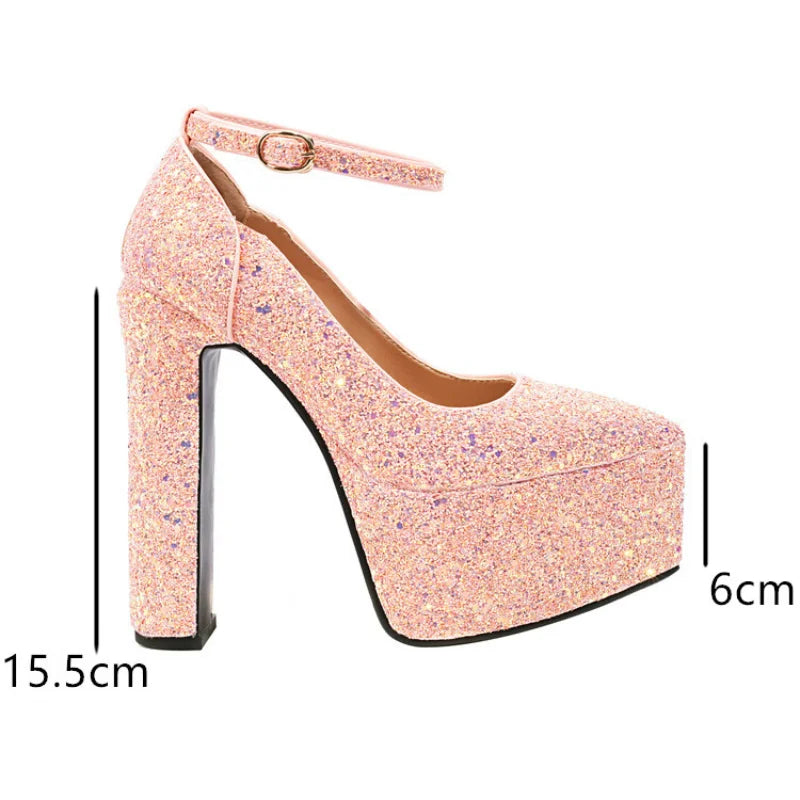 Ochanmeb Bling Bling Silver Gold Glitter Shoes Woman Ultra High Heels Platform Buckle Sequin Red Pumps Ladies Party Prom Wedding