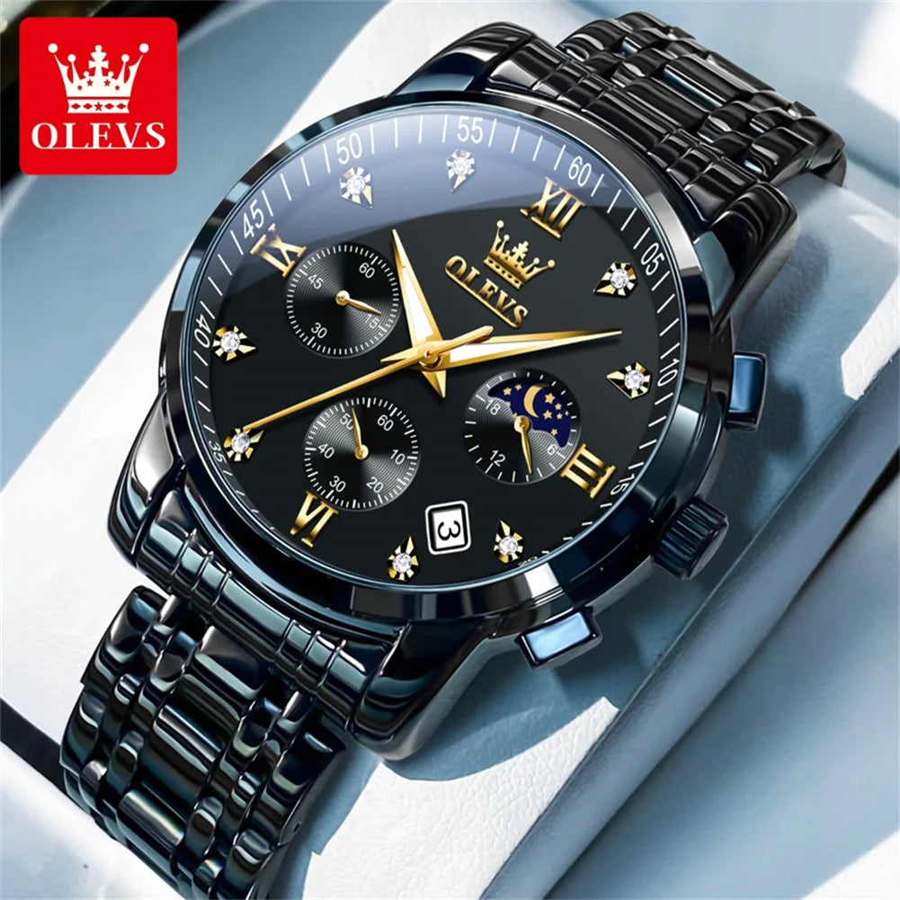 OLEVS 2858 Orologio da Uomo in Acciaio Inossidabile, Impermeabile, Antigraffio, con Fasi Lunari, Luminoso, Cronografo, Orologio da Polso al Quarzo di Lusso