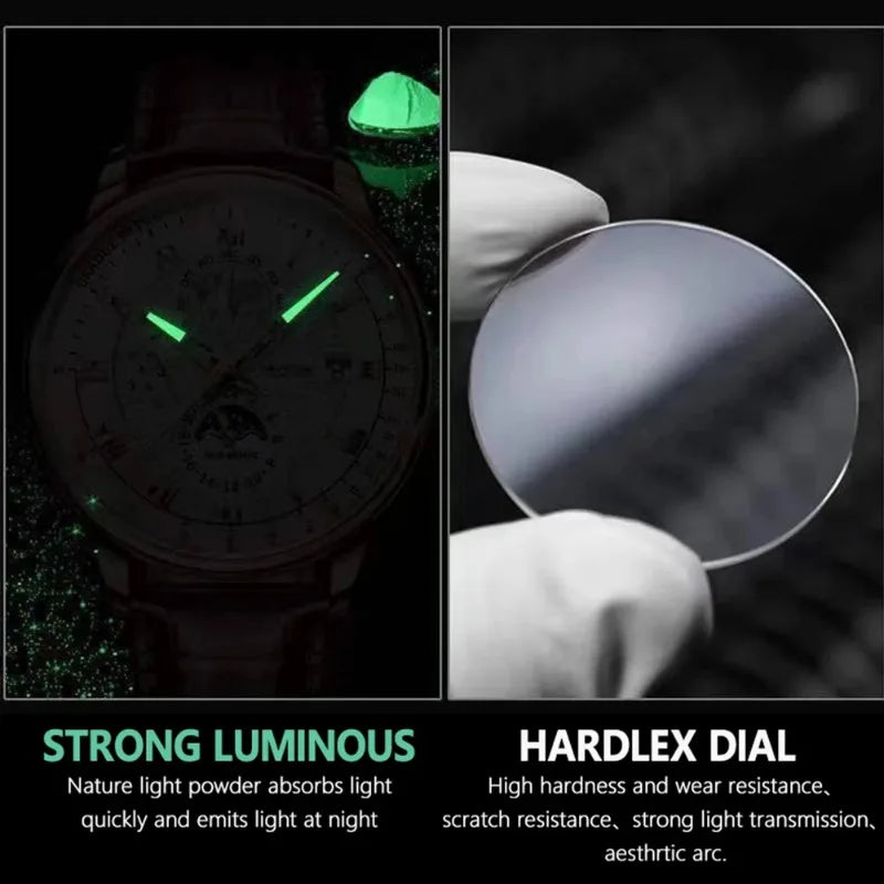 Orologio da uomo di lusso cronografo impermeabile modello fasi lunari orologio da polso da uomo luminoso in pelle orologi al quarzo da uomo orologio Casual
