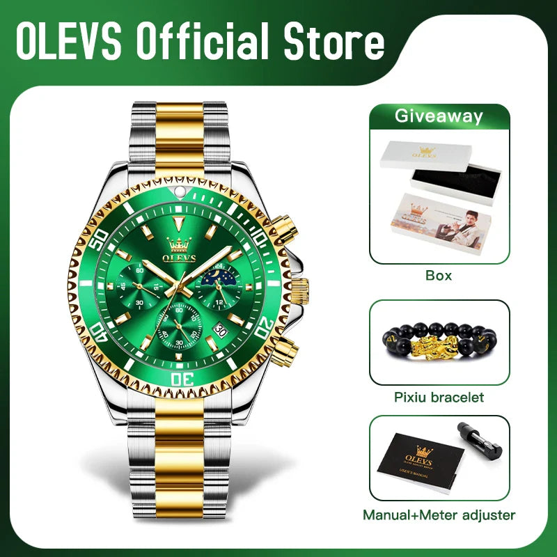 OLEVS Orologi da uomo Orologio di lusso delle migliori marche da uomo Cronografo originale impermeabile in acciaio inossidabile Fasi lunari Data Quadrante Rota
