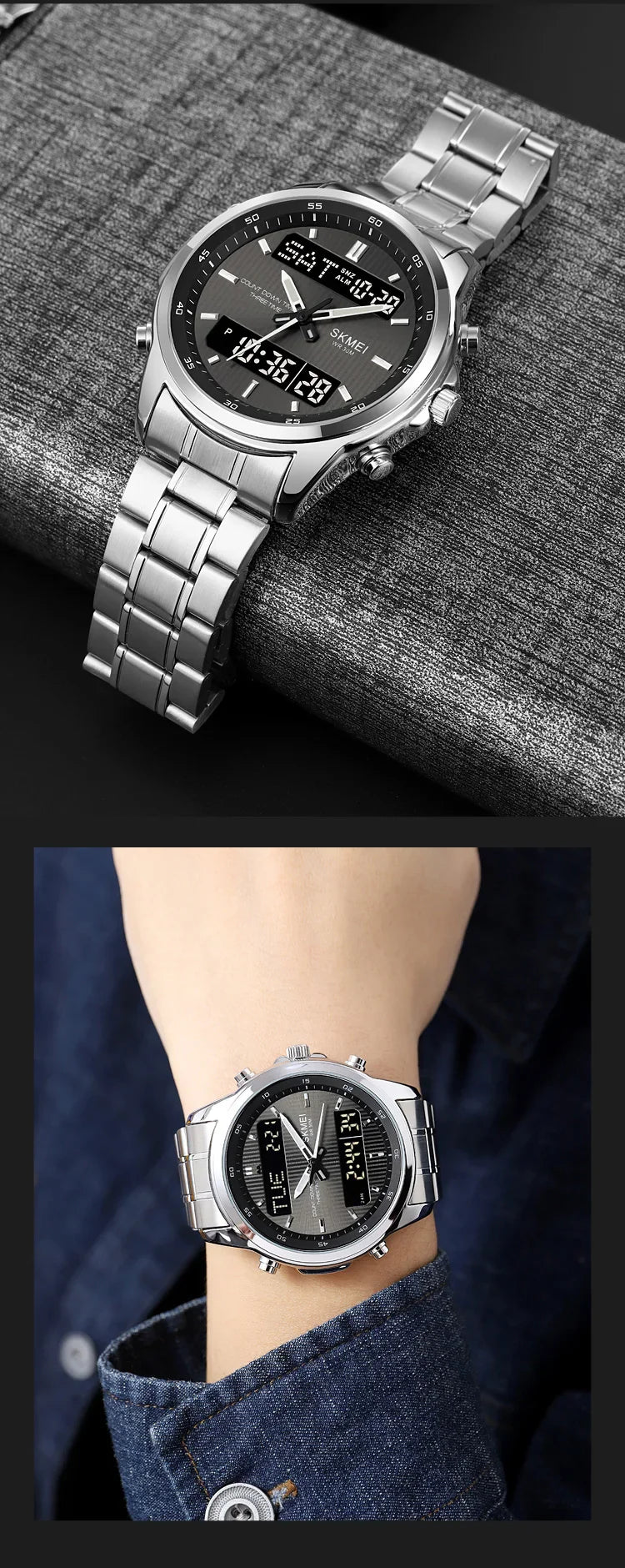Skmei orologio da polso analogico al quarzo da uomo cinturino in acciaio inossidabile di lusso Led impermeabile digitale sportivo sveglia a tre fusi orari
