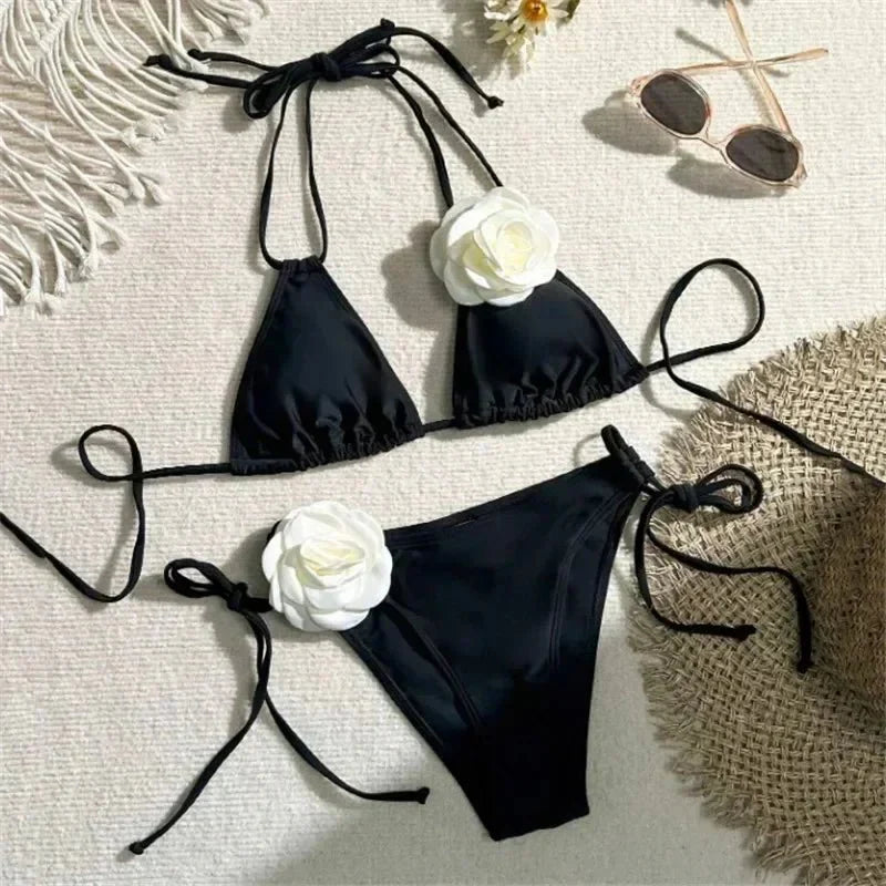 Costume da Bagno Sexy con Fiori e Fascia, Bikini a Perizoma 2025, Costumi da Bagno Donna con Lacci, Set Bikini Brasiliano, Biquini Mujer